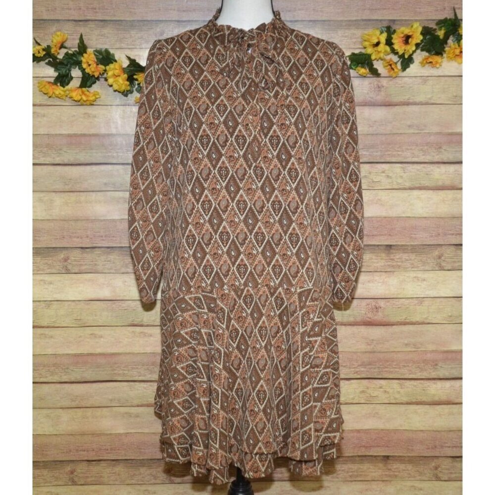 THML Anthropologie Brown Geometric Paisley Print Dress Tie Neck Size M Old Money